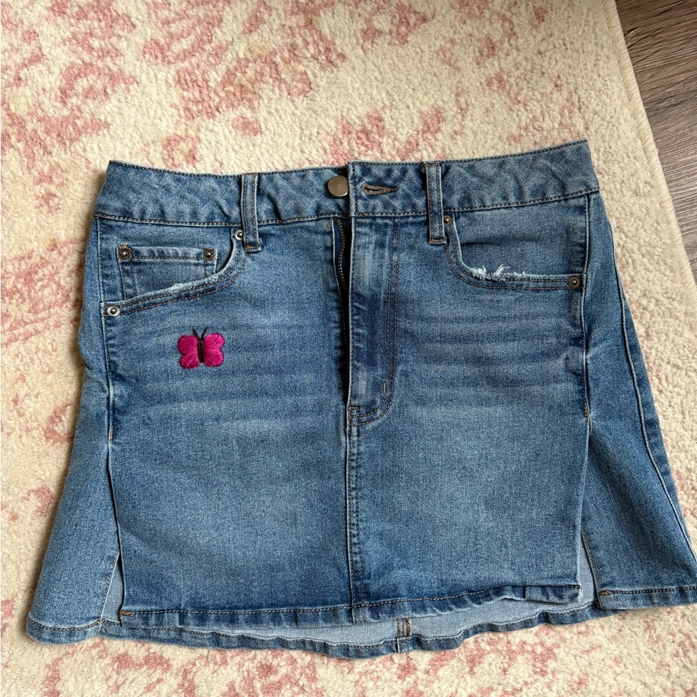 Tinseltown Blue Denim Skirt with Pink Butterfly